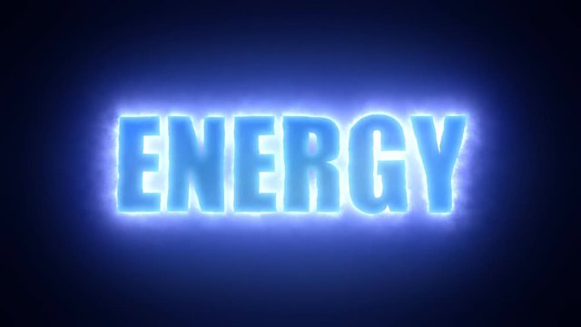 The text Energy, surrounded by a powerful cloud of electricity. Blue tones, black background.