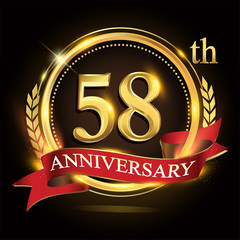 58th golden anniversary logo, with shiny ring and red ribbon, laurel wreath isolated on black background, vector design for birthday celebration.
