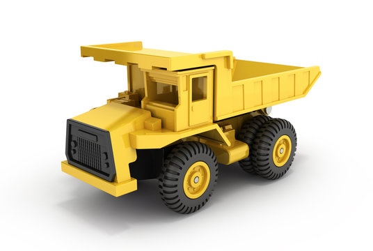Yellow toy dump truck isolated on white background 3d render
