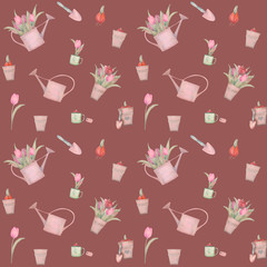 Seamless pattern hand-drawn watercolor. Spring flowers tulips