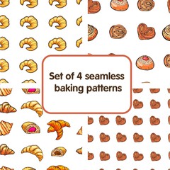 Vector set of design templates and elements for bakery packaging in trendy linear style - seamless patterns with linear icons related to baking, cafe, cupcake shop and logo design templates