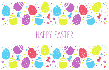 Vector illustration of Happy Easter text for template invitations, greeting cards.  Text on colorful eggs, flowers, festive confetti, hares and chickens background for poster, badge, banner, icon.