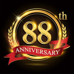 88th golden anniversary logo, with shiny ring and red ribbon, laurel wreath isolated on black background, vector design for birthday celebration.