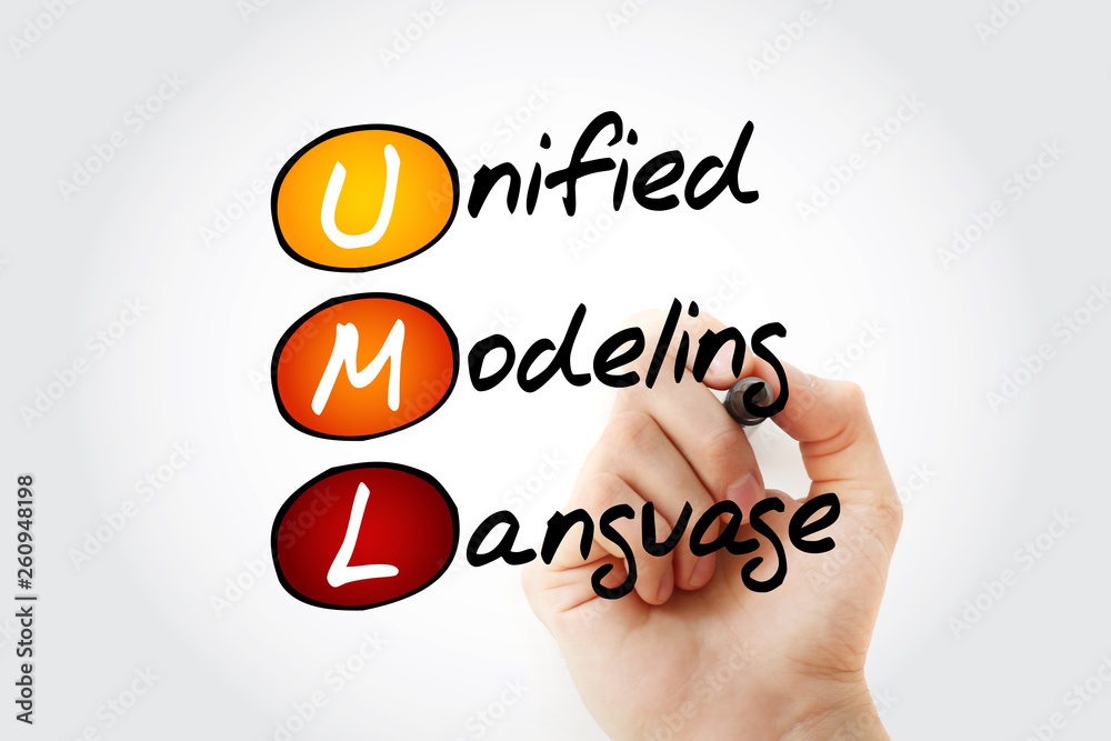 Poster hand writing uml - unified modeling language acronym with marker, concept background