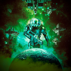 Obraz na płótnie Canvas Skeleton military astronaut warrior / 3D illustration of science fiction scene of evil skull faced space soldier with laser pulse rifle rising above moon and fleet of spaceships in the background