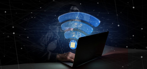 Hacker man holding a contactless credit card payment concept 3d rendering