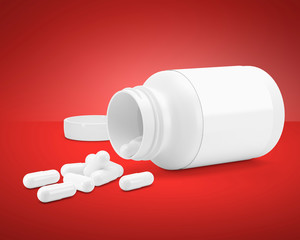 3D White can with vitamins. Bottle with white pills. 3d render. 3D image. 3D model