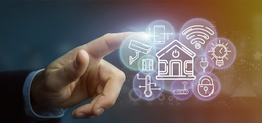 Businessman holding Smart home interface with icon, stats and data 3d rendering