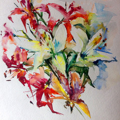 Abstract bright colored decorative background . Floral pattern handmade . Beautiful tender romantic spring bouquet of lilies flowers , made in the technique of watercolors from nature