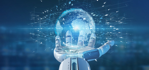 Obraz na płótnie Canvas Cyborg hand holding a Connection around a world globe 3d rendering