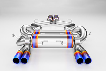Tuning exhaust system for a sports car. Car muffler, exhaust silencer on a white background