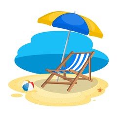 Umbrella and sun lounger on the beach. Beach chair with sea on tropical background. Vector illustration in flat style