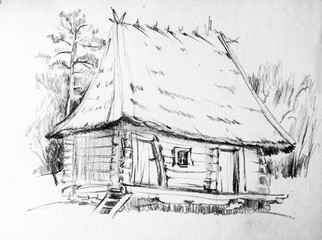 Drawing of architectural structures of the ancient wooden church in the rural . Landscape sketch handmade 