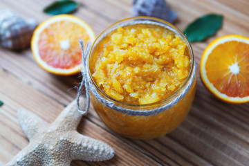 Homemade orange scrub. Skin care and massage
