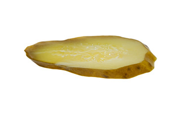 Slice of pickled cucumber isolated on white background.
