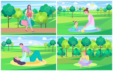 Fototapeta na wymiar Mother with kid vector set, mom walking in forest carrying newborn child. Woman feeding baby, trees and green lawns, playing mum fair weather outdoors