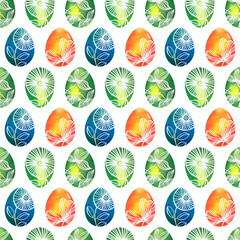 Watercolor pattern Easter egg with floral ornament isolated on white background. Happy Easter greeting card.