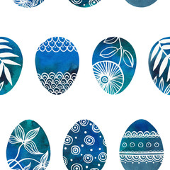 Watercolor pattern Easter egg with floral ornament isolated on white background. Happy Easter greeting card.