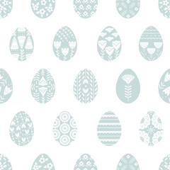 Seamless pattern with Easter eggs with floral and plant ornamental. Folk style collection, laconic vector graphic Scandinavian style. Red color. For holiday celebration design