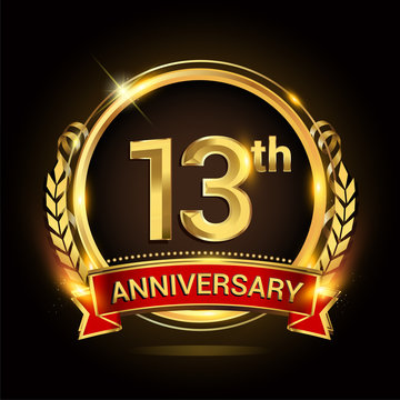 13th golden anniversary logo, with shiny ring and red ribbon, laurel wreath isolated on black background, vector design