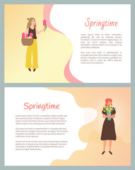 Springtime poster, girls happy to receive flowers on international holiday vector. Woman holding bouquets in hands. Romantic gift on womens day floral present