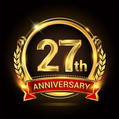 27th golden anniversary logo, with shiny ring and red ribbon, laurel wreath isolated on black background, vector design
