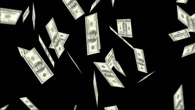 One hundred US dollar bills fall on black background. Alpha channel.