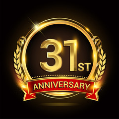 31st golden anniversary logo, with shiny ring and red ribbon, laurel wreath isolated on black background, vector design