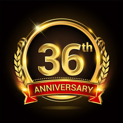 36th golden anniversary logo, with shiny ring and red ribbon, laurel wreath isolated on black background, vector design