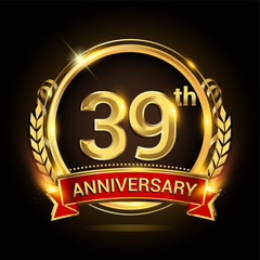 39th golden anniversary logo, with shiny ring and red ribbon, laurel wreath isolated on black background, vector design