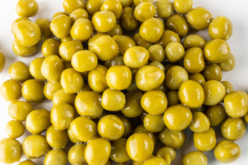 Canned green peas close-up. Top view