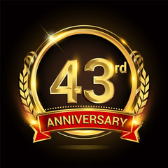 43rd golden anniversary logo, with shiny ring and red ribbon, laurel wreath isolated on black background, vector design