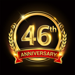 46th golden anniversary logo, with shiny ring and red ribbon, laurel wreath isolated on black background, vector design