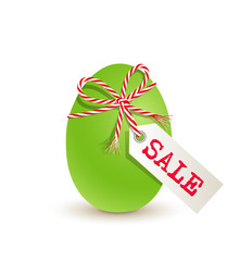 Green Easter egg with Sale label and red cord string bow,  Label tag discount, Vector illustration isolated on white background