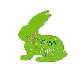 Easter bunny greeting card, Greeting „Happy Easter“ in english,  Green paper Bunny template with red cord string bow and color dots,  Vector illustration isolated on white background