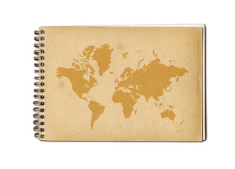 Vintage world map on an old notebook