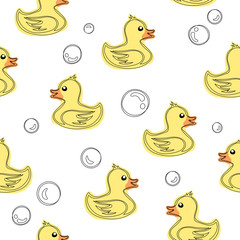 Children's seamless background with ducklings. Pattern with ducks on white back.