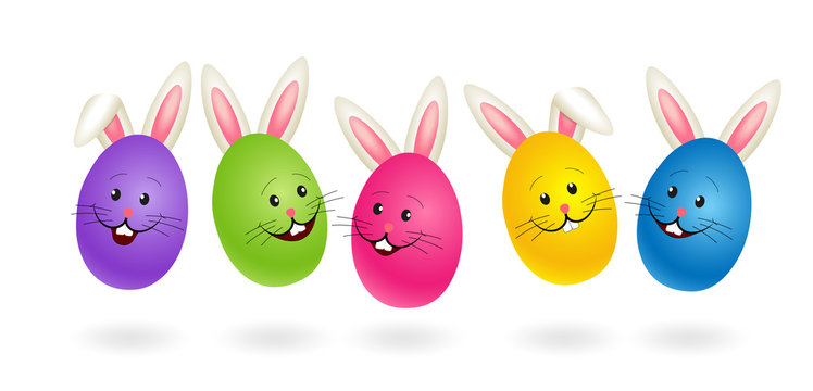 Card Colorful easter eggs with rabbit ears and face, Banner with jumping Easter Bunnys,  Vector illustration isolated on white background