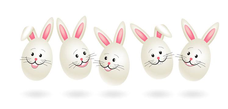 Card White easter eggs with rabbit ears and face, Banner with funny jumping easter bunnies Vector illustration isolated on white background