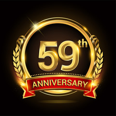 59th golden anniversary logo, with shiny ring and red ribbon, laurel wreath isolated on black background, vector design