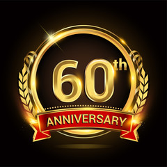 60th golden anniversary logo, with shiny ring and red ribbon, laurel wreath isolated on black background, vector design