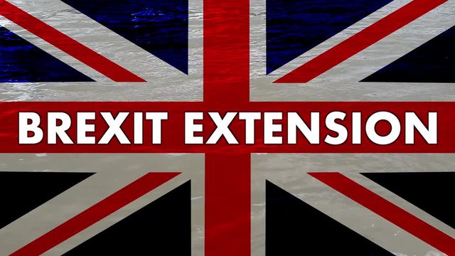 Union jack flag with the word 'Brexit extension' on water flowing in the background