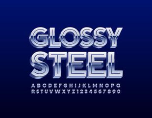Vector Glossy Steel Alphabet Letters and Numbers. 3D Uppercase Metallic Font for Industry 