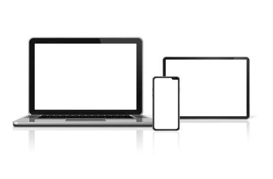 Laptop, tablet and phone set mockup isolated on white. 3D render