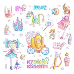 Brave tomboy princess vector cartoon set. Princess magic and feminism illustration, little teen girl with ball, princess superhero, brave girl illustration. Feminism princesses collection - dragon