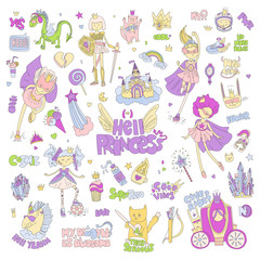 Brave tomboy Hell princess vector cartoon set. Princess magic and feminism illustration, little teen girl, princess superhero and warrior, brave girl illustration. Feminism princesses collection -