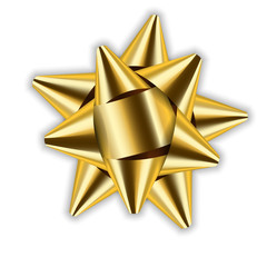 Gold bow 3d ribbon decor element package. Shiny golden template for gift present, holiday design, isolated white background. Symbol Christmas, New Year celebration, birthday. Vector illustration