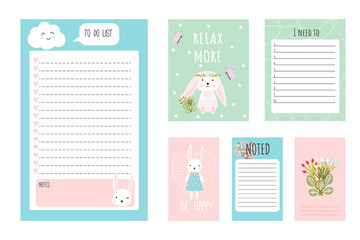 Set of postcards, stickers. Day planner with cute bunnies. Vector. For notes.