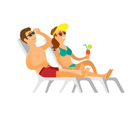 Couple lying on chaise lounge, man in shorts and woman wearing swimsuit sunbathing, smiling person drinking cocktail, people in sunglasses vector