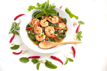 stir fried shrimp basil and red shilli ,garlic on white background